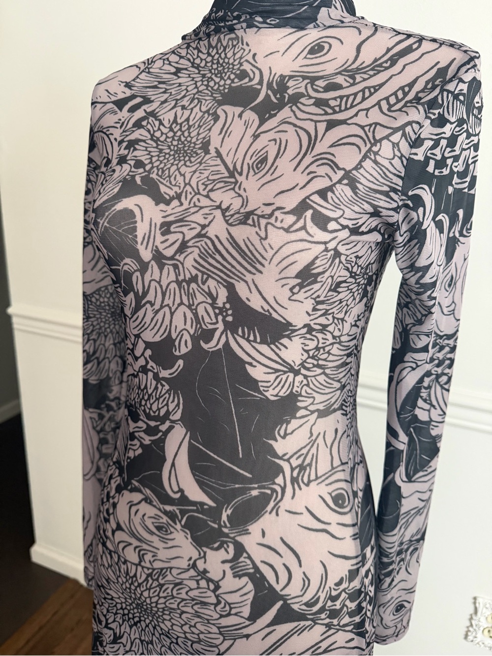 Long Sleeve Floral Mesh Maxi Dress - Black and Gray - Picture 2 of 2